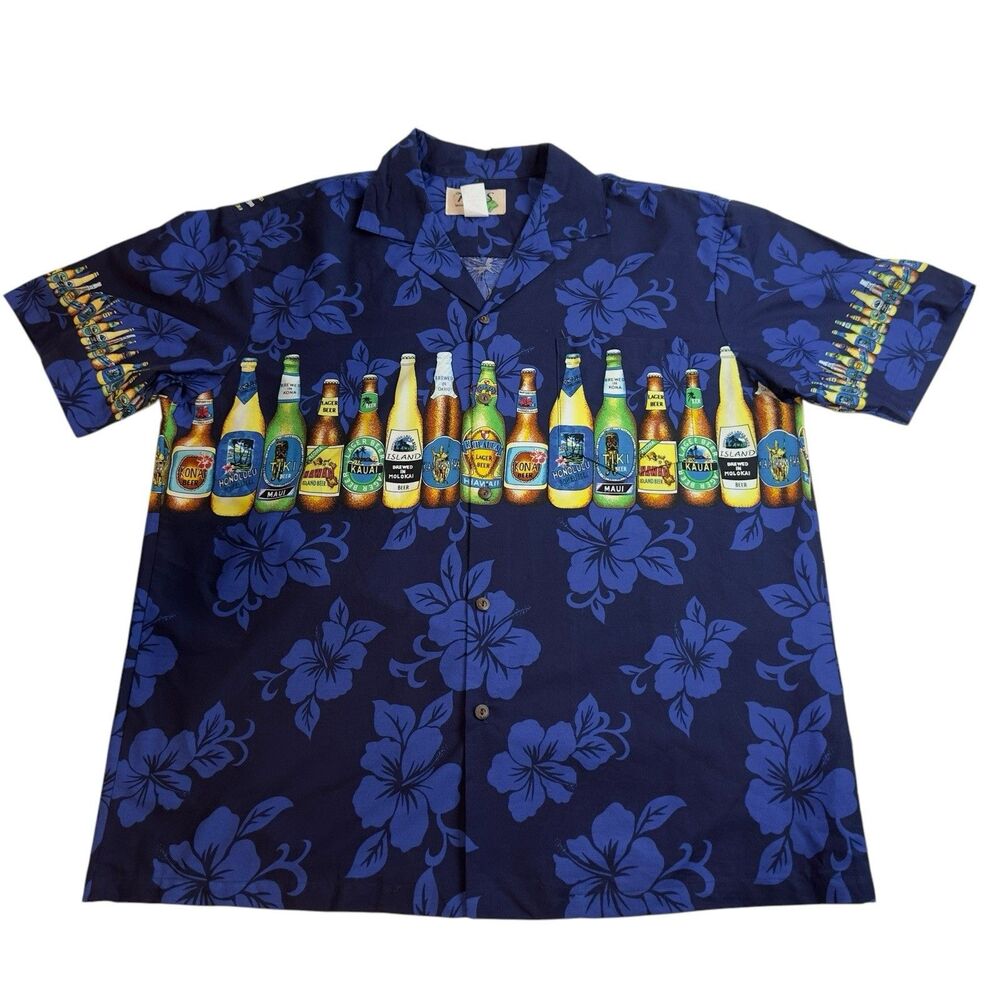 KY'S Men's Hawaiian Shirt Aloha Beer Bottle Print Button Up Size‎ L